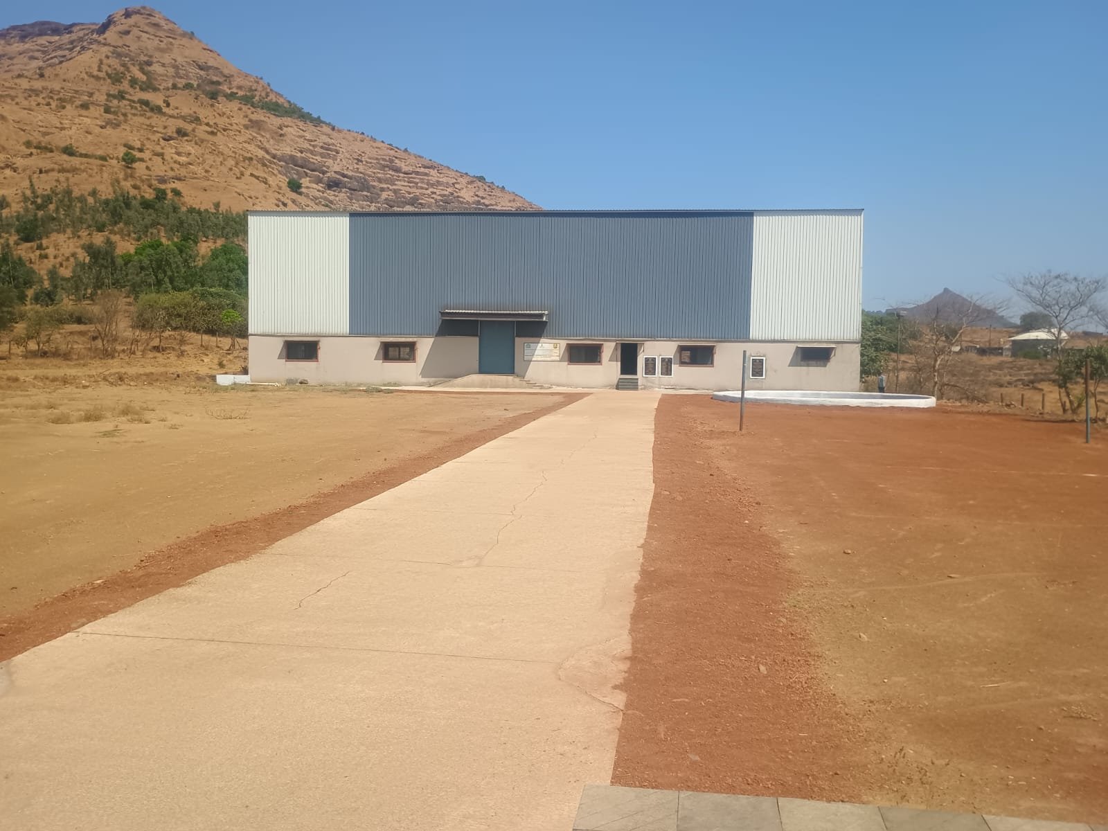 Vertical structural perspective down the length of steel frame bays
